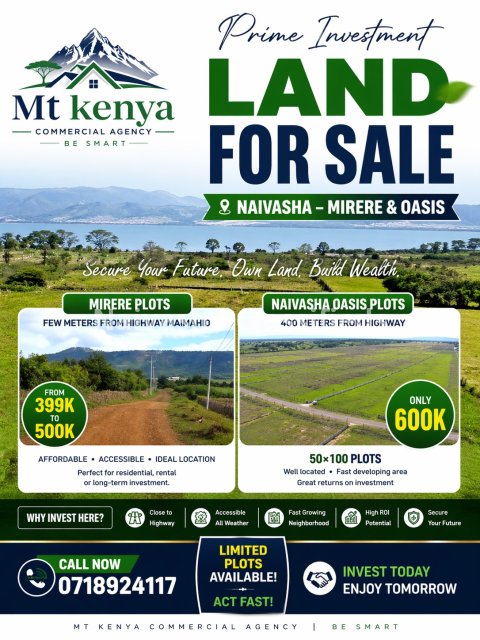 Plots For sale in Mirera and Oasis Naivasha